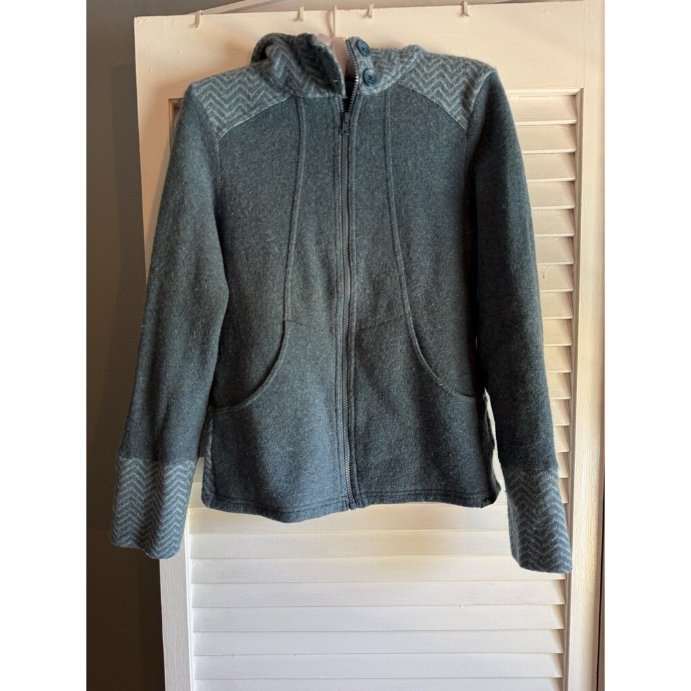 PRANA Women’s M Blue Wool Blend zip up sweater Jacket Hood Pockets Granola Girl